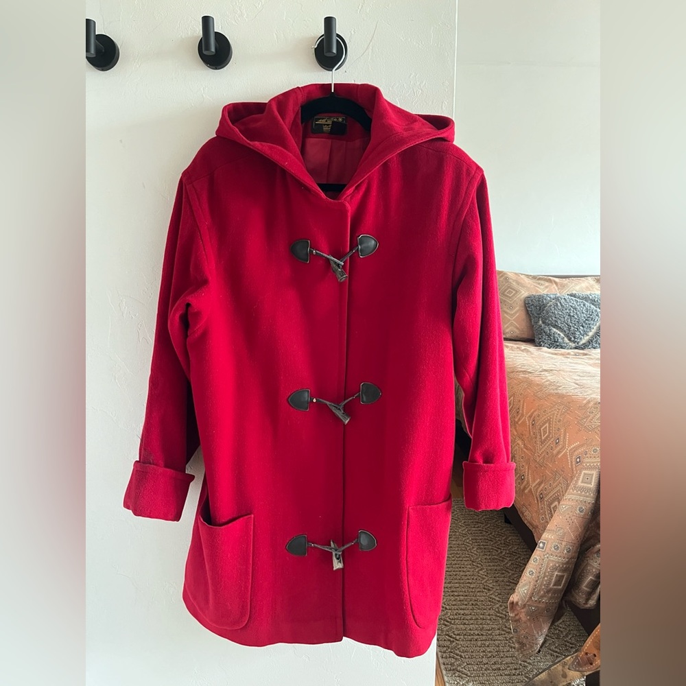 Vintage Eddie Bauer Red Wool Women's Toggle Jacket with Hood